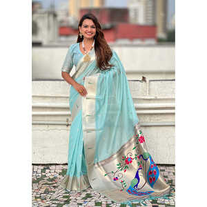 Sari de Organza Azul Cielo con Bordado Paithani Zari, Vestidos Elegantes de Cóctel - Product Image 5