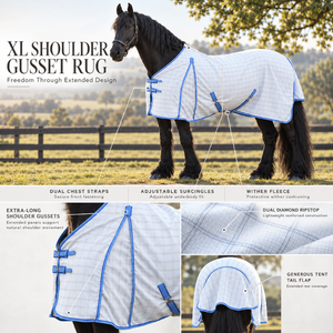 Couverture pour cheval Superior XL avec soufflet d'épaule, double ripstop diamant |   Couverture équine blanche à bordure bleue en polaire avec sangles réglables - Product Image 5