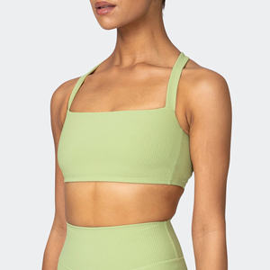 Women's Ribbed Halter Sports Bra Square Neck Medium Support Yoga Wear Breathable Seamless Solid Color Light Green - Product Image 3