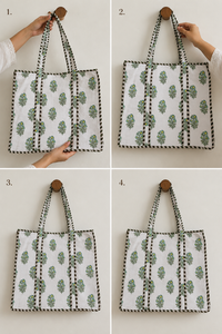 Sac à dos matelassé artisanal en toile de coton écologique vert et blanc imprimé, style bohème vintage, pour femme, été/hiver, avec fermeture éclair, léger et tendance - Product Image 3