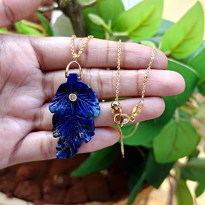 Lapis Lazuli Leaf Carved Clear CZ Bezel Setting Charm Necklace 18K Gold Plated <b>Cable</b> Chain Handmade Gemstone Pendant Jewelry - Product Image 1