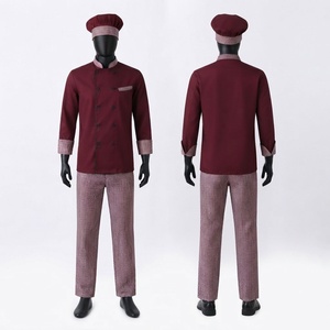 Premium 200 GSM Poly Cotton Unisex Short Sleeve <b>Chef</b> Uniform Burgundy Double Breasted <b>Jacket</b> Gingham Accents Matching Trousers - Product Image 1
