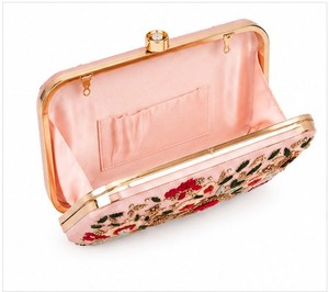 Elegant Pink Embroidered Floral Clutch With <b>Sequins</b> Women's Satin Party <b>Handbag</b> Lock Closure - Product Image 5