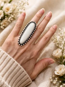 White Turquoise Statement <b>Ring</b> Vintage <b>Silver</b> Beaded Frame Adjustable Boho Jewelry for Women Gift - Product Image 2