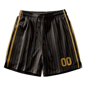 Ensemble uniforme de basket-ball rétro personnalisé noir et or à rayures fines, maillot et short avec texte doré, design rétro avec nom et numéro d'équipe - Product Image 5