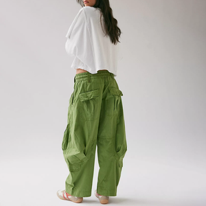 Custom Logo Women Green Cargo <b>Pants</b> Waist Loose Fit Barrel Cargo Drawstring Casual <b>Summer</b> Canvas Trousers Women Side Leg <b>Pants</b> - Product Image 2