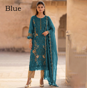 Salwar Kameez Azul Bordado, Ajustado, Tradicional, Largo hasta el Tobillo, para Mujer, Estilo Indio Pakistaní, para Bodas, Fiestas, Ropa de Invierno - Product Image 1