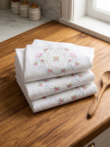 Wholesale Custom White Waffle Cotton Kitchen Hand Towel Embroidered Butterfly & Flowers Machine Washable Quick Dry Eco-Friendly - Product Image 4