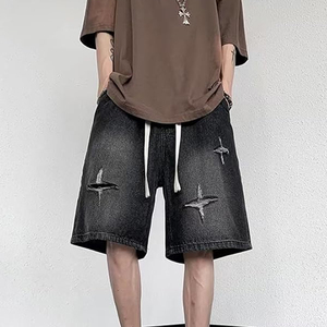 Shorts de Mezclilla Negros Desgastados para Hombre, Corte Recto, Cintura Media, Algodón, Estilo Casual Urbano de Verano - Product Image 1