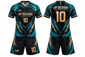 ชุดเสื้อฟุตบอลแบบซับลิเมชั่นสั่งทำพิเศษสำหรับผู้ชาย เสื้อและกางเกงขาสั้น ชุดกีฬาทีม สีดำ เทอล ทอง ขายส่งชุดกีฬาแบบ OEM - Product Image 2