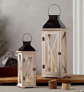 Lanterne carrée rustique en bois faite à la main avec couvercle en métal, lampe de table pour la décoration de la maison - Product Image 1