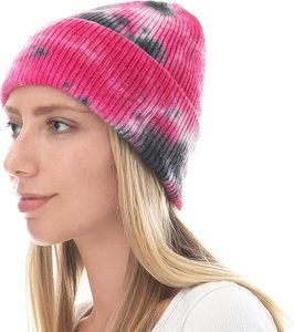Nouveauté 2025 – Bonnets tricotés en acrylique pour femme, motif ombré tie-dye arc-en-ciel rose et bleu, à rayures côtelées - Product Image 4