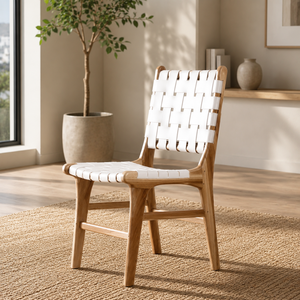 <b>Teak</b> <b>Garden</b> <b>Chair</b> With White Woven Seat And Back Midcentury Modern Design Outdoor Furniture Durable Tapered Legs - Product Image 1