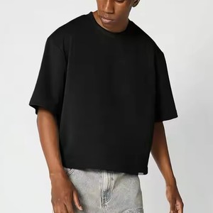 Men's Cropped <b>T</b>-<b>Shirts</b> 100% Cotton Heavyweight 300GSM Unique Fabric <b>Black</b> Color O-Neck <b>Plain</b> Short Sleeve Style Adults' Size - Product Image 4