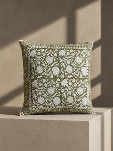 Square Printed Floral 100% Cotton <b>Cushion</b> <b>Cover</b> in Olive Green <b>with</b> White Pattern Bohemian Style Home & Hotel Decor Pillow Case - Product Image 5