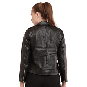 Veste en cuir d'agneau noir pour femme, nouvelle mode, hiver, style motard, avec fermeture éclair et col rabattable - Product Image 2