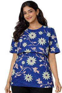 <b>Women's</b> Blue Floral Embroidered <b>Short</b> <b>Sleeve</b> T-<b>Shirt</b> O-Neck Loose Fit Casual Top Spring Summer Cotton Knitted - Product Image 3