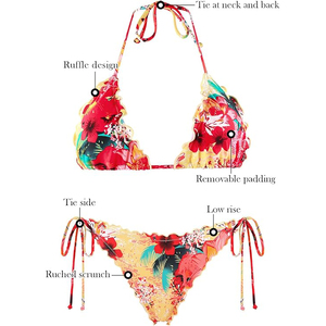 Conjunto de bikini sexy rosa neón con volantes para mujer, top triangular con relleno push-up, traje de baño de dos piezas para playa - Product Image 4