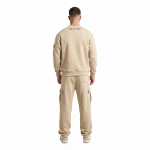 Ensemble de survêtement décontracté pour homme, sweat-shirt à col rond beige et pantalon cargo assorti, deux pièces, streetwear - Product Image 2