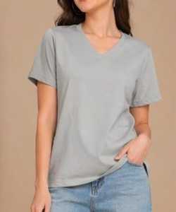Camiseta de Manga Corta con Cuello en V para Mujer, Color Gris Claro, Corte Regular, Transpirable, de Spandex/Algodón, para Verano, Marca STELLAR - Product Image 2