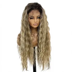 Pelucas de cabello humano rizado con encaje frontal, color marrón oscuro mezclado con balayage rubio, peluca frontal larga de ondas sueltas y profundas. - Product Image 5