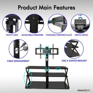 Leadzm TSG001 32 65\" <b>TV</b> Stand with Swivel <b>Bracket</b> 3 Tier Tempered Glass Shelves <b>Corner</b> Floor Design - Product Image 6