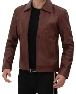 Men Genuine Goat Leather Jacket Custom Made Logo Brown Color Leather Jacket