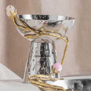 Antique Design Home Decorative Bowl Top Quality Polished Metal Round Bowl With Flower Branch Accent For Wedding Or Any Events - Product Image 6