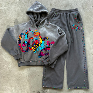 Survêtements d'hiver respirants personnalisés avec strass, ensembles de survêtements unisexes, 480 GSM, 100% coton, sweat-shirt et pantalon de survêtement lourds - Product Image 1