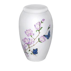 Urne funéraire blanche avec motif de fleurs violettes et de papillons bleus pour les cendres humaines d'un adulte, vase commémoratif - Product Image 1