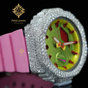 Pahal Jewels Montre à quartz analogique-numérique de luxe pour femme avec boîtier en strass et bracelet en silicone rose, cadran rond de 42 mm - Product Image 5