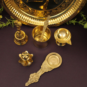 Ensemble de thali de prière Ganesha en laiton avec cloche, Diya, Panchapatra, cuillère et accessoires de Puja traditionnels pour le temple domestique - Product Image 4