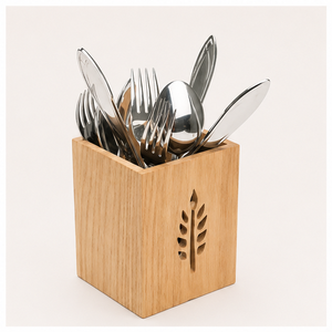 Porte-couverts en bois artisanal avec motif de feuille découpée, organiseur d'ustensiles écologique pour la cuisine et la table à manger - Product Image 1