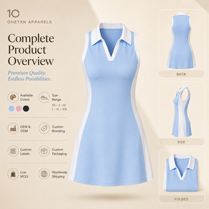 Robe de tennis sans manches pour femme avec logo personnalisé, bleu clair, col contrastant, coupe ajustée, ourlet évasé, polyester/coton, fermeture éclair sur le devant, style sportif - Product Image 6