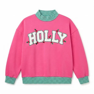 Frosty <b>Christmas</b> <b>Sweatshirt</b> Women's Green Gingham Trim Embroidered Letter Print Crew Neck Long Sleeve Winter Pullover - Product Image 5