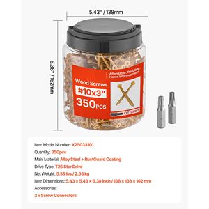 350 pezzi # Viti per Legno Zincate Gialle 10 x 3 Pollici, Antiruggine, per Esterni, con Testa Torx/T25, Resistenti alla Ruggine - Product Image 6