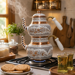 Handmade Pure Copper Turkish <b>Tea</b> <b>Pot</b> <b>Set</b> White Enamel <b>Tea</b> Kettle Wooden Handle OEM ODM Wholesale Manufacturer Supplier - Product Image 4