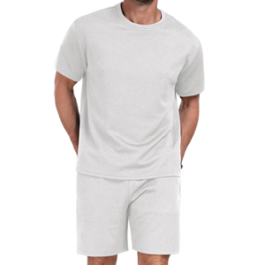 Premium Men's Light Gray Summer Set <b>Geometric</b> Pattern Crew Neck Knitted Summer Wear Breathable Short Sleeve <b>Shirt</b> OEM - Product Image 3