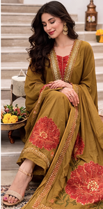 Ensemble Kurta en coton brodé couleur moutarde pour femme avec pantalon, coupe régulière, longueur genou, tenue de fête traditionnelle style Inde Pakistan - Product Image 4