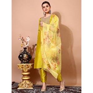 DESGASTE FORMAL BORDADO EN SEDA TRABAJO TOP BOTTOM CON DUPATTA AMARILLO - Product Image 1