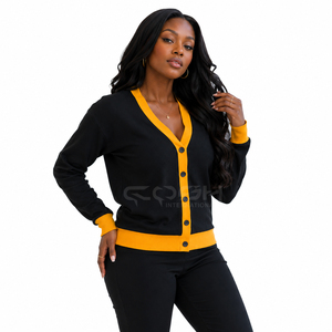 Cosh International Women's Black And Yellow Contrast Color V Neck Long Sleeve Knitted Cardigan Casual Open Front Sweater - Product Image 1