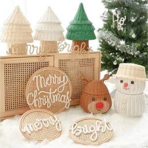 Couronne ronde en rotin naturel avec verdure et ruban rose, faite à la main, personnalisée, élégante, 15 cm, décorations de Noël - Product Image 5