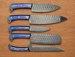 Ensemble de 5 couteaux en acier Damas, manche bleu, lame martelée, couteaux de cuisine à bord droit - Product Image 1