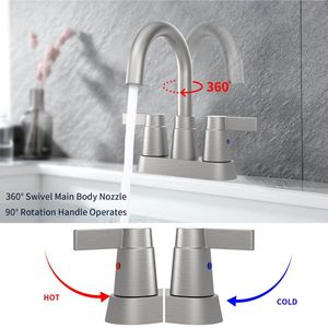 Rubinetto per lavabo bagno a 2 maniglie, con braccio alto girevole a 360 gradi, in nichel spazzolato, per lavabo da 4 pollici, rubinetto per camper con beccuccio orientabile a 360 gradi, montaggio centrale - Product Image 3