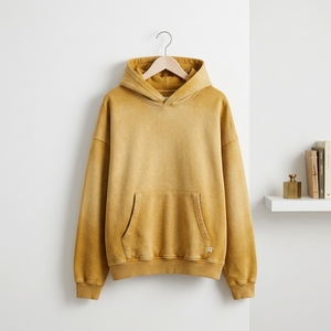 Sudadera con Capucha para Hombre, Color Amarillo Mostaza, Estilo Lavado, Felpa de Algodón, con Bolsillo Canguro, Estilo Urbano Holgado - Product Image 4