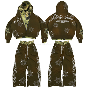 Conjunto de 2 Piezas de Ropa Deportiva Urbana Personalizada, Estilo Vintage, Lavado Ácido, con Pedrería, Pantalones Deportivos Anchos y Sudadera con Cremallera para Hombre - Product Image 1