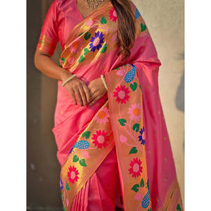 Sari Rosa Bebé Tejido con Zari y Borde Grande de Seda Paithani para Ropa India y Pakistaní - Product Image 3