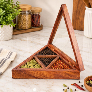 Triangular Wooden <b>Spice</b> Box with Glass Lid 4 Compartment Masala Organizer Handmade Kitchen Storage Gift - Product Image 4
