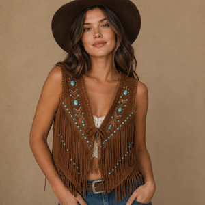 Chaleco Vintage de Cuero Genuino para Mujer con Flecos y Cuentas, Cuello en V, Estilo Bohemio, Relleno de Algodón - Product Image 1