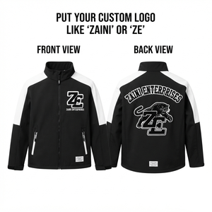 220g Water Resistant Polyester Stand Collar Softshell <b>Jacket</b> Black <b>White</b> Contrast Panel OEM ODM - Product Image 1